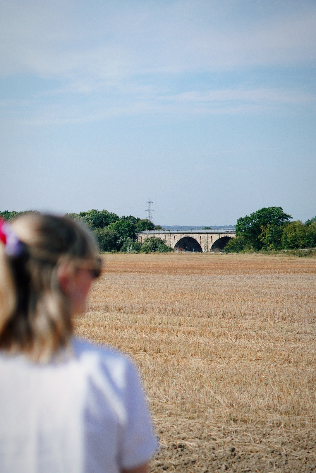 Amy is standing looking out into a wheat field, she is blurry and the field is in focus. In the distance is a bridge.