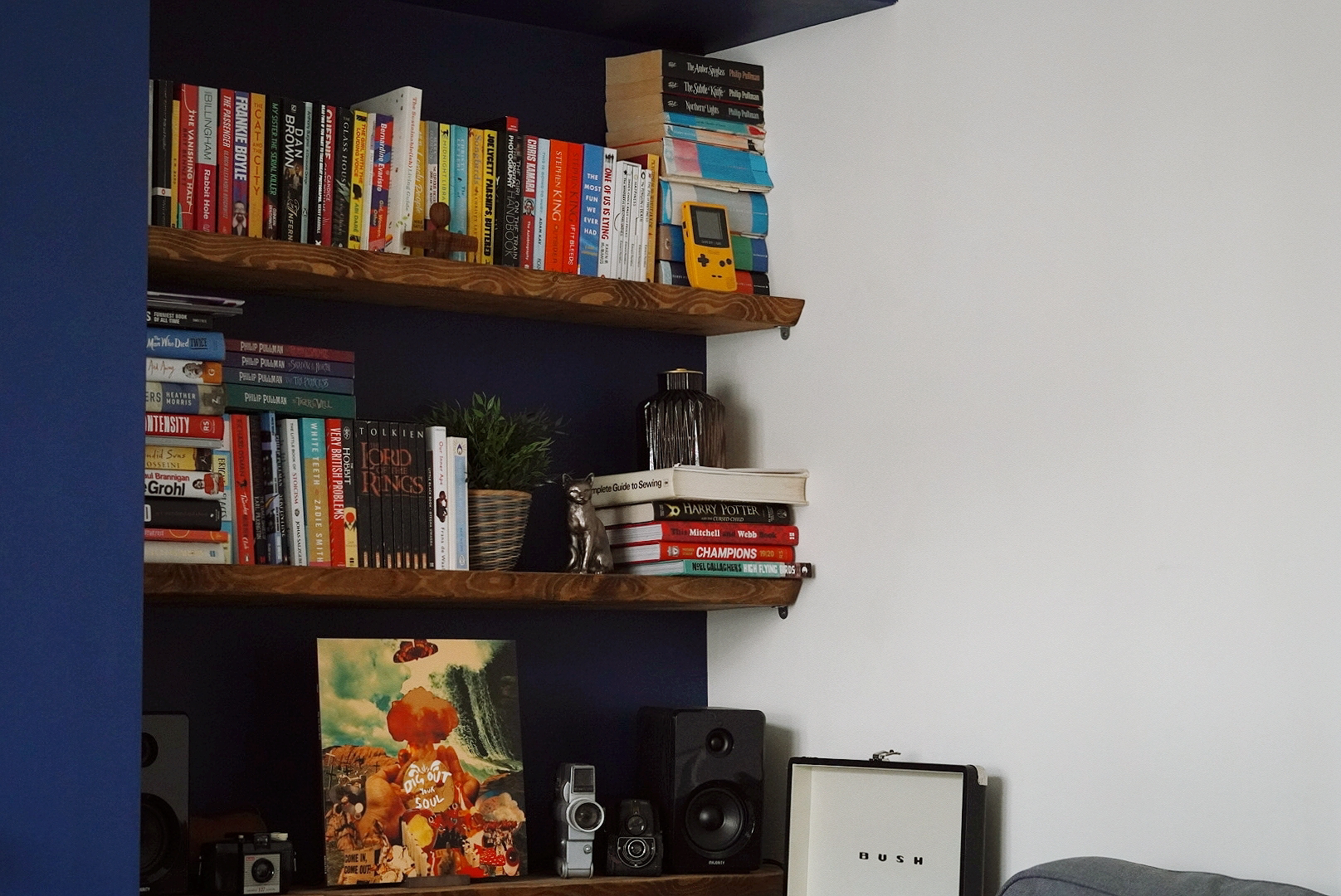 wooden bookshelves filled with booked, speakers and a vinyl stand