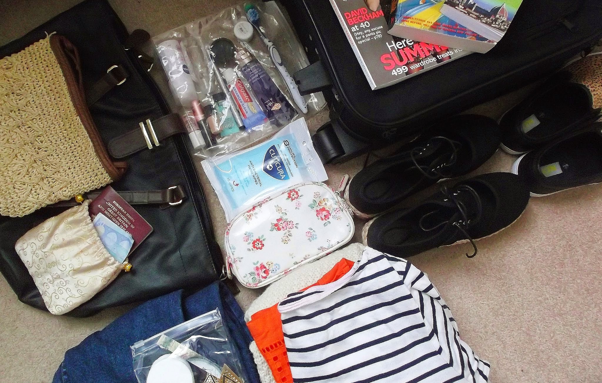 small suitcase laid out on floor surrounded by clothes, shoes and toiletries