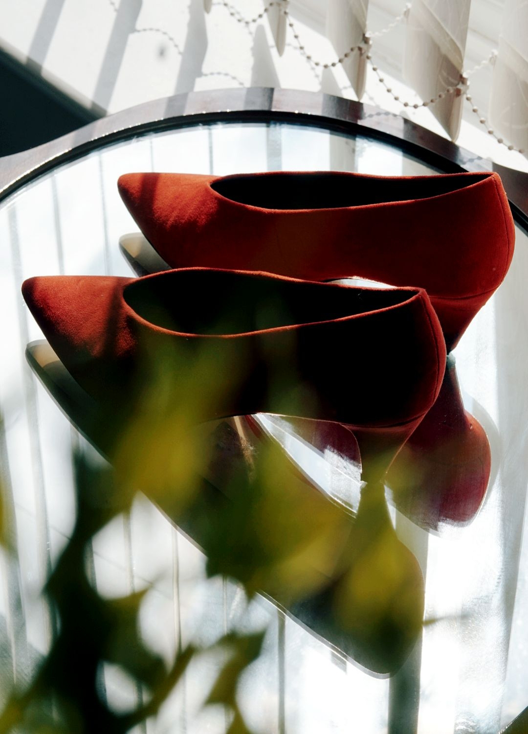 red shoes stood on mirror with foliage in the foreground