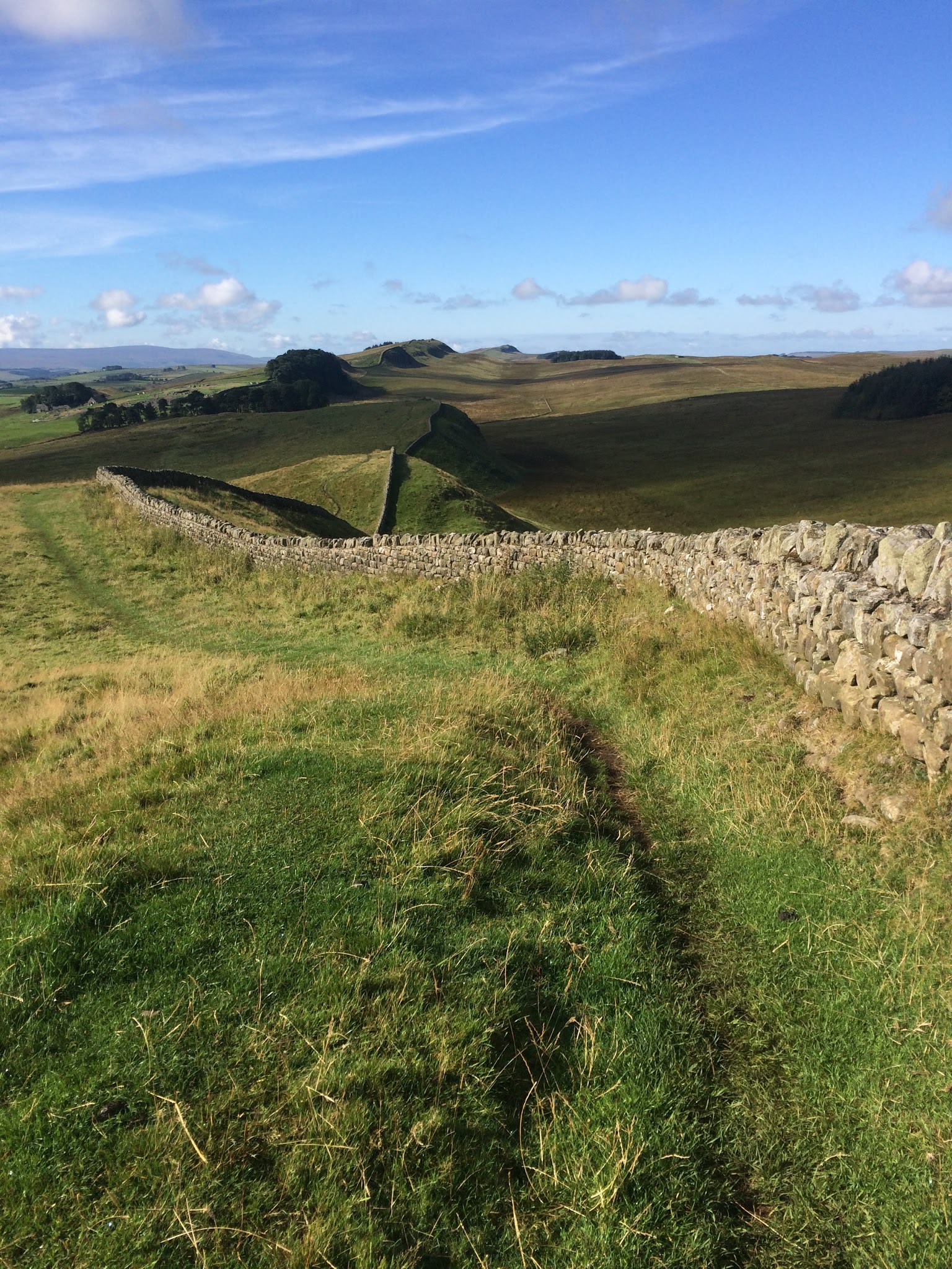a wonky stone wall winding through fields